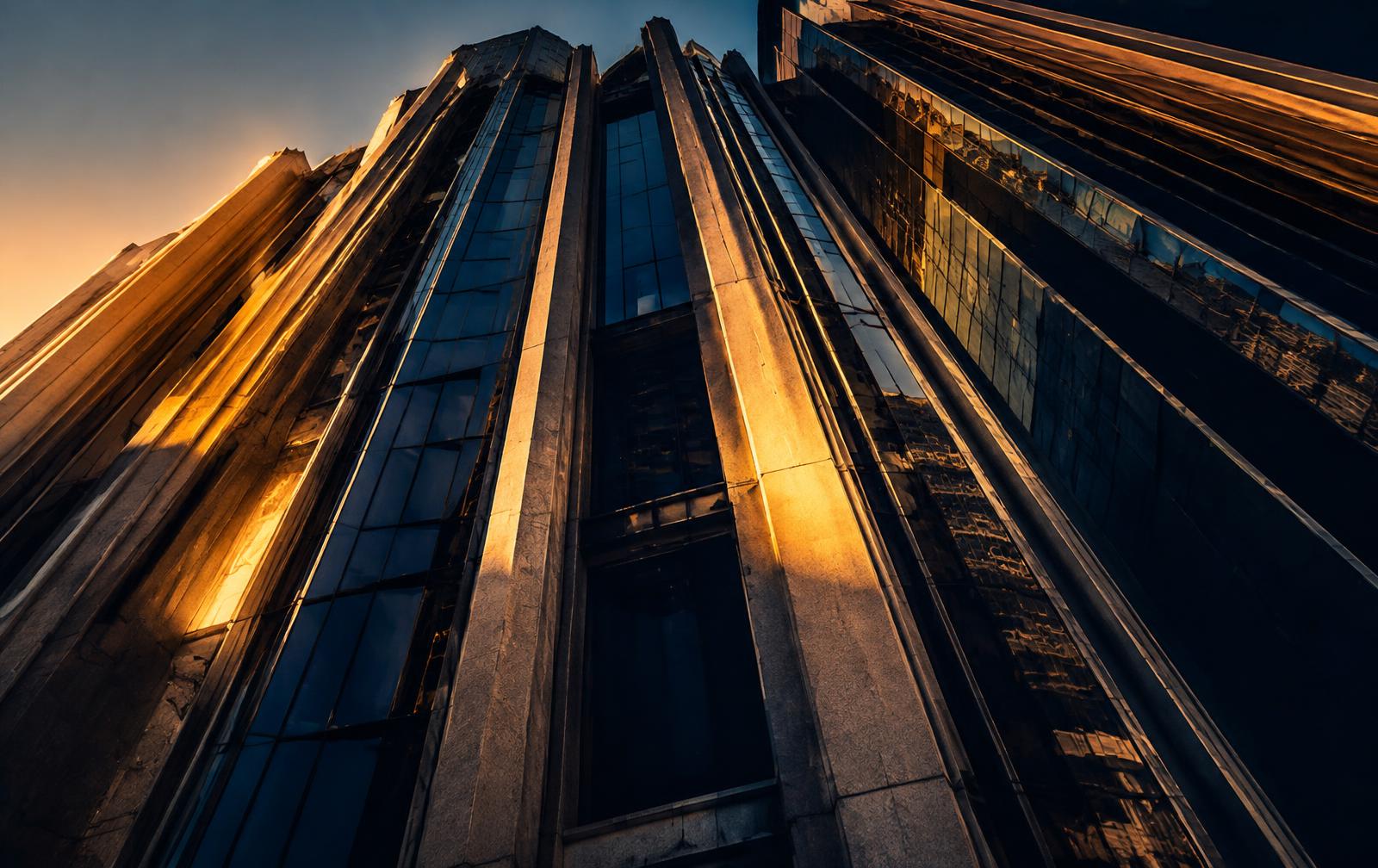 Stone and glass tower facade lit by golden hour